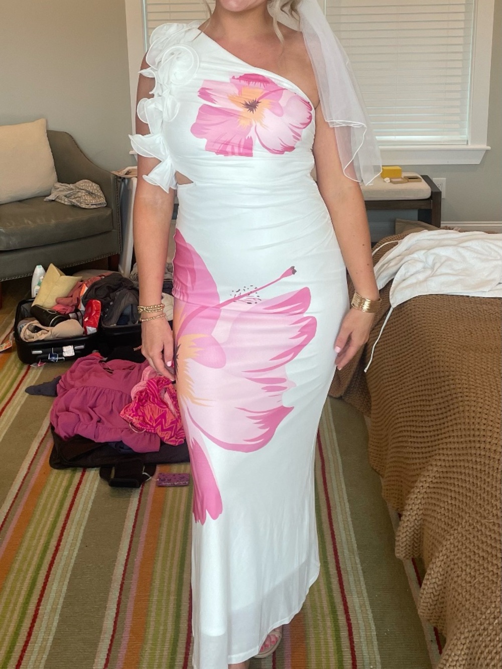 One-Shoulder Ruffle Maxi Dress Hibiscus White